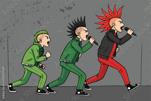 A vibrant cartoon illustration of a punk band, each member sporting a dramatic mohawk, passionately performing on stage.  Include electric guitars, drums, and a microphone.