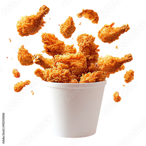 Delicious crispy fried chicken bucket wings legs tenders food photography isolated black background studio shot on transparent background photo