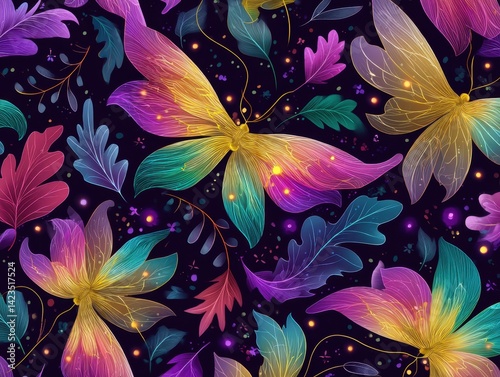 Whimsical floral pattern with stylized, iridescent flowers and leaves on a dark background, evoking a magical, ethereal feel.