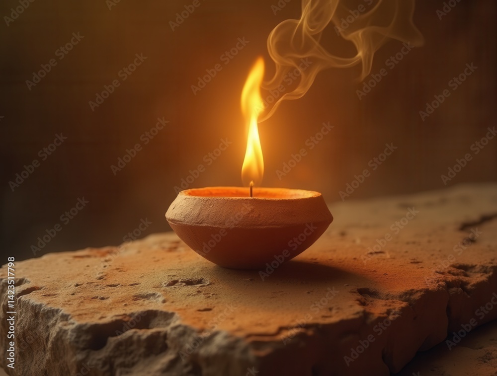 Ancient clay oil lamp with golden flame on stone surface symbolizes divine enlightenment