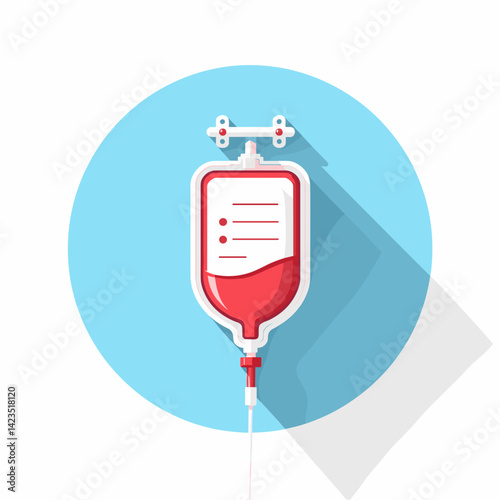 IV drip bag with red liquid illustration on blue circle background copy space