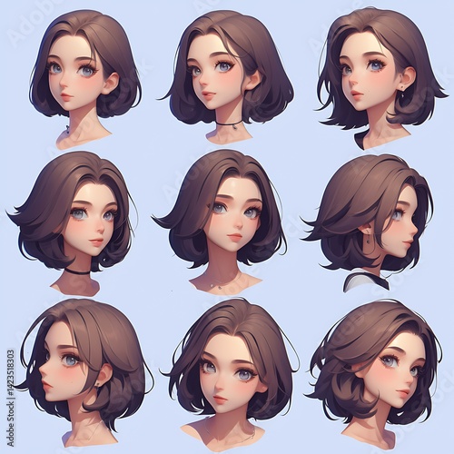 Nine Digital Portraits of Young Women with Various Hair Styles and Soft Expressions