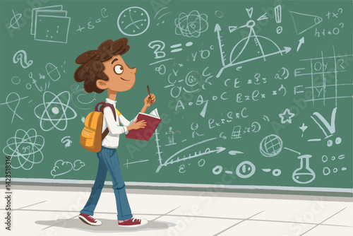 A cluttered chalkboard displays complex mathematical formulas and whimsical doodles, partially obscured by an unseen object.