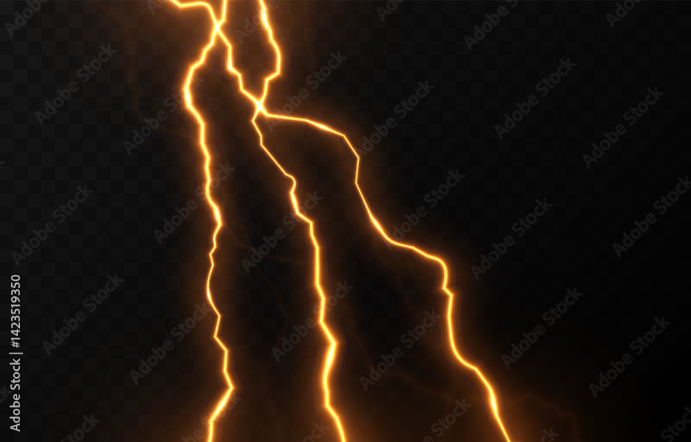 Vector lightning png. Yellow lightning strike. Bright glow of lightning strike. Light effect.