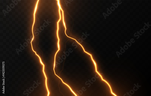 Vector lightning png. Yellow lightning strike. Bright glow of lightning strike. Light effect.