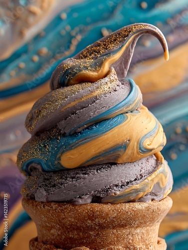 The image depicts an ice cream cone. It features a colorful swirled ice cream stacked high, and the cone is textured. There are golden sparkles distributed over the treat