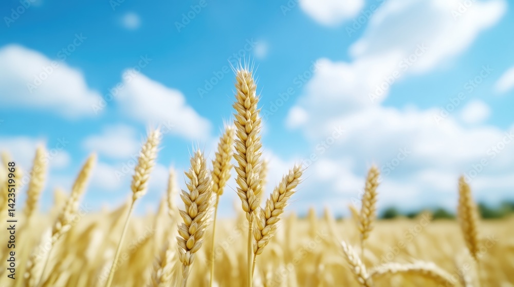 Golden wheat field under a vibrant blue sky. A close-up view of ripe wheat heads against a backdrop of a vast field Golden wheat field under a vibrant blue sky. A close-up view of ripe wheat heads against a backdrop of a vast field