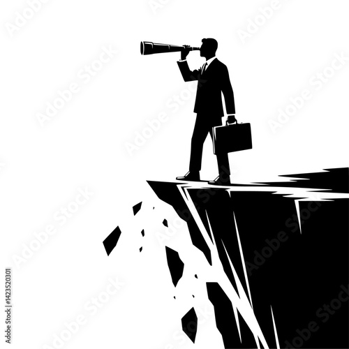 A black-and-white silhouette of a businessman standing on the edge of a cliff