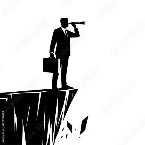 A black-and-white silhouette of a businessman standing on the edge of a cliff 