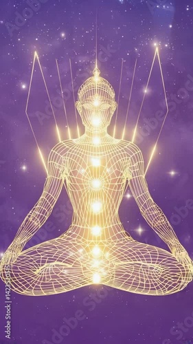 Meditating figure made of wireframe with seven chakras glowing in lotus pose on cosmic purple background