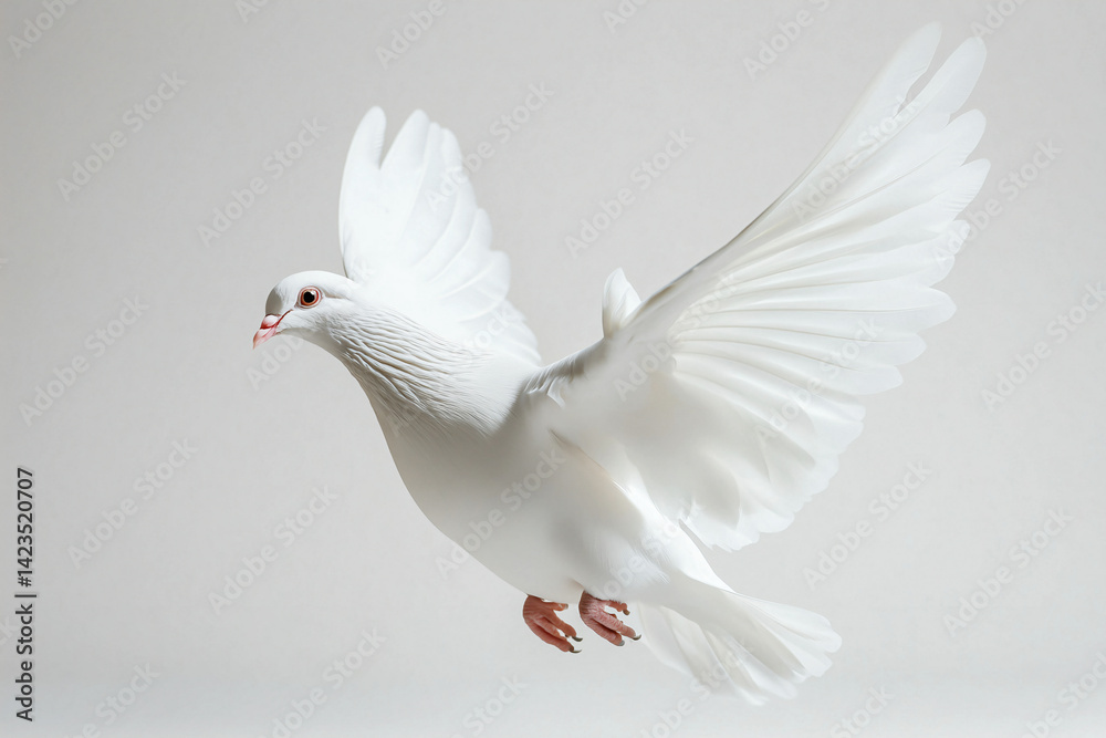 White dove in mid-flight with extended wings, symbolizing peace, freedom, and grace, captured in a serene, minimalistic setting. White dove in mid-flight with extended wings, symbolizing peace, freedom, and grace, captured in a serene, minimalistic setting.