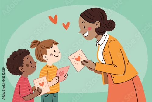 Happy school children present handmade greeting cards to their beaming, appreciative teacher in a classroom setting.