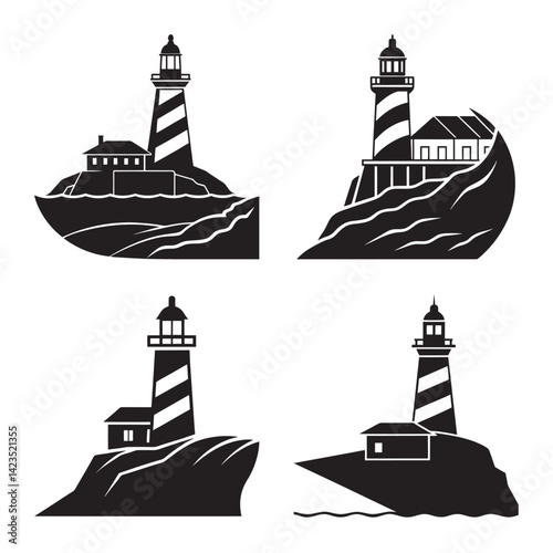 Vector icon of coastal lighthouse on rocky cliff