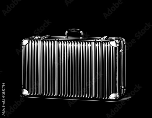 Vintage suitcase on black background in woodcut style in black and white close-up for travel themes.