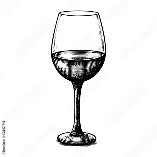 Stemmed wineglass with red wine in woodcut style in black and white vintage illustration for wine themes.