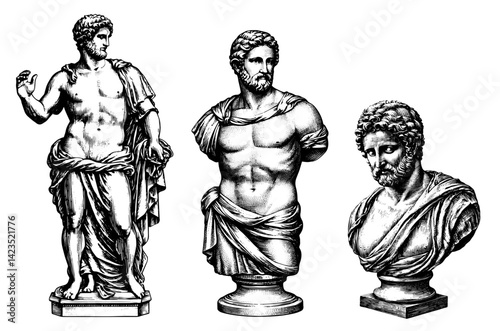 Classical statues illustrations in black and white for antique sculpture art.