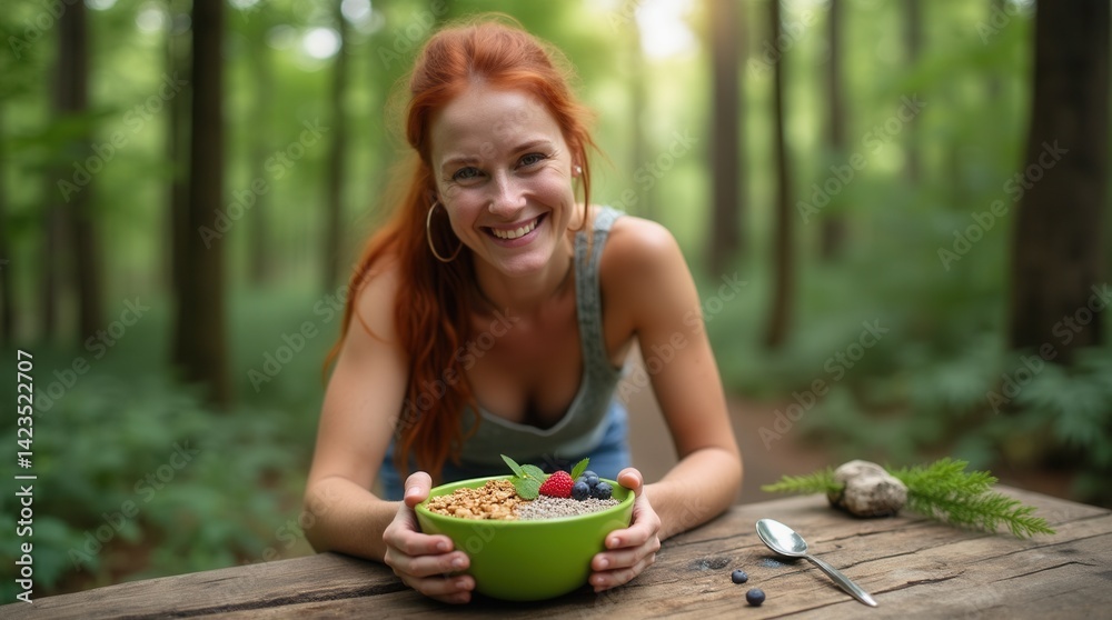 Smiling woman with healthy breakfast bowl in forest setting
