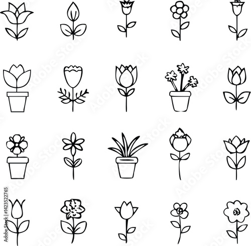 Floral Line Icon Set | Tulip, Bouquet, Botanical Elements & Nature Vector Pack