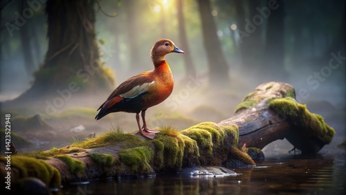 Solitary Lesser Whistling Duck on Forest Log - Wildlife Photography