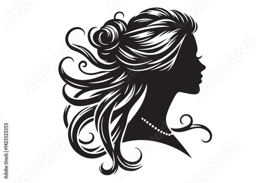 woman hairstyle logo silhouette vector illustration, hair salon logo icon vector silhouette, beauty long hair woman logo silhouette, beauty woman long hair silhouette on white background