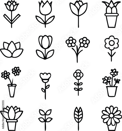 Floral Line Icon Set | Tulip, Bouquet, Botanical Elements & Nature Vector Pack