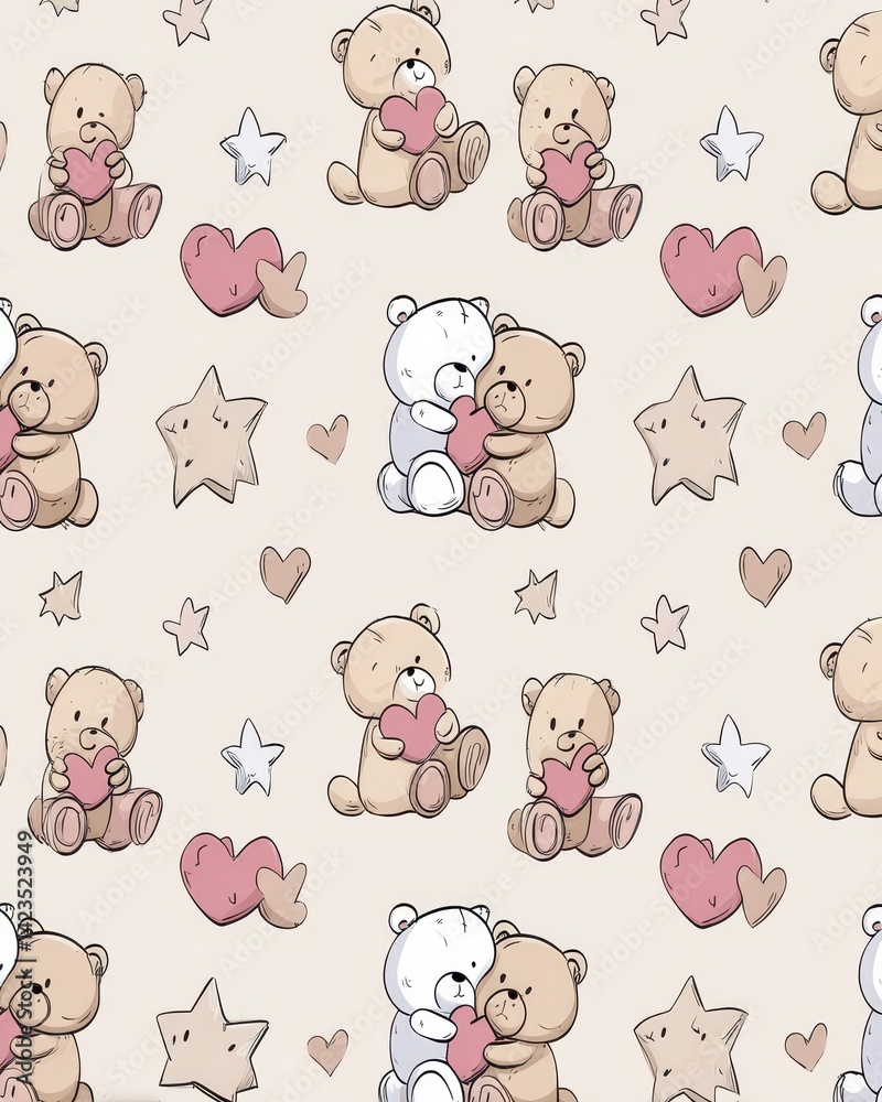 Obraz premium Adorable teddy bear pattern with hearts and stars. A sweet design for children's decor and gifts. Expressing love and warmth with cuddly charm.