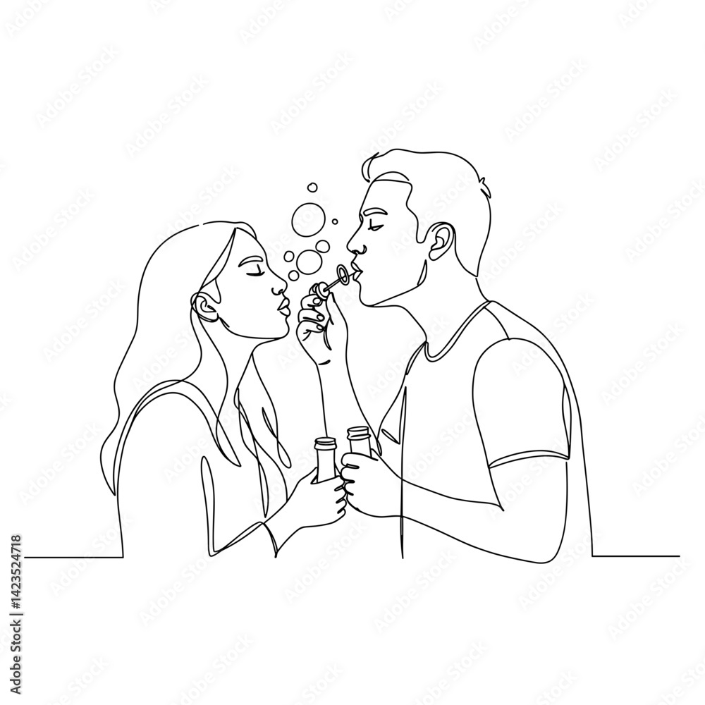 Couple blowing bubbles together in a minimalist style Couple blowing bubbles together in a minimalist style