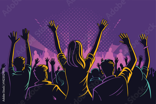 Euphoric crowd at a vibrant music festival, hands raised high, enjoying the performance.  Silhouetted figures against a bright stage.