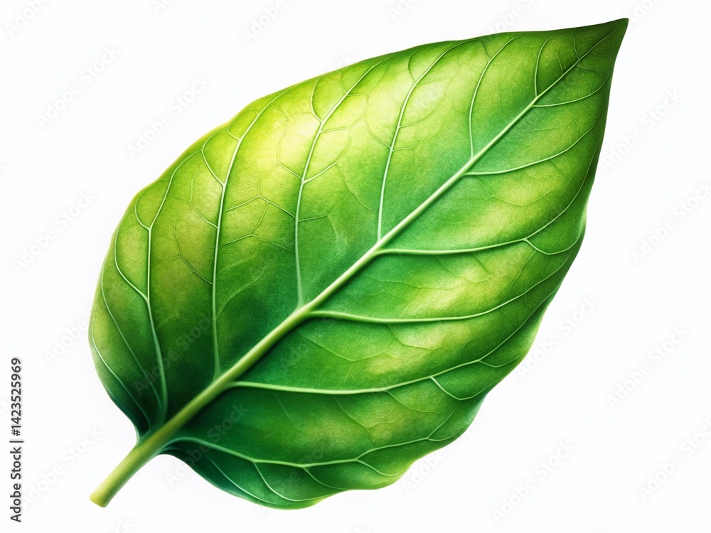 Obraz premium Single Green Leaf on White Background - Isolated Botanical Stock Photo