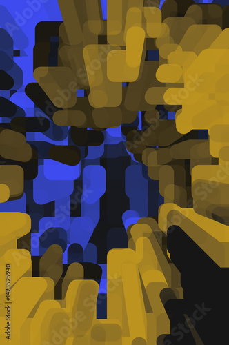 Fototapeta Naklejka Na Ścianę i Meble -  High-contrast abstract composition with elongated rounded shapes in yellow and blue tones. Creates a 3D tunnel effect with dramatic depth and symmetry