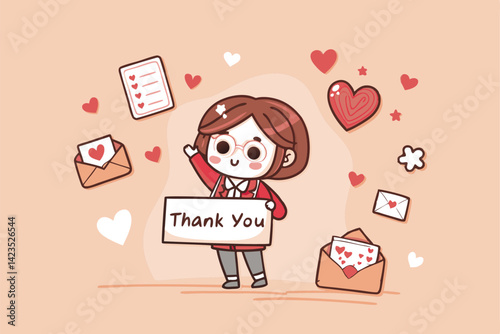 A cute chibi-style mother character happily surrounded by colorful thank you notes, expressing gratitude and appreciation.
