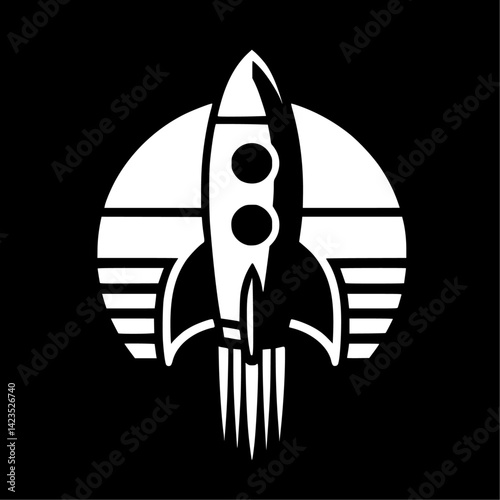 Black and white icon, retro rocket ship 