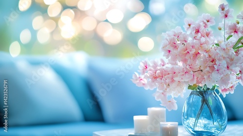 Pink Cherry Blossoms In Blue Glass Vase With Candles On White Table In Serene Living Room