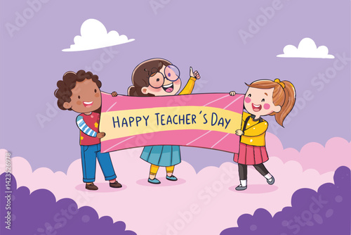 Adorable children joyfully holding a celebratory banner reading "Happy Teacher!",  smiling brightly for a heartwarming school photo.