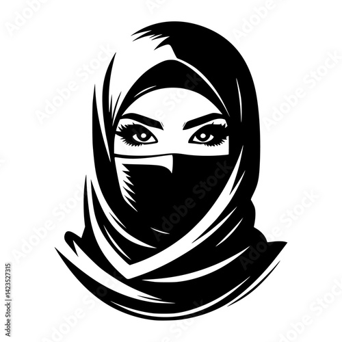 Black and white illustration, stylized portrait, woman in hijab 