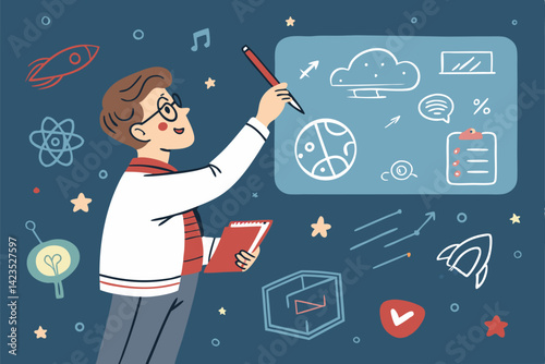 Create a cute vector illustration of a teacher writing on a transparent boa constrictor, suitable for children's books or educational materials.  The boa should be playfully posed.