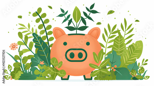 Flat Style Illustration of Piggy Bank with Sprouting Leaves – Clean and Bright Finance Concept