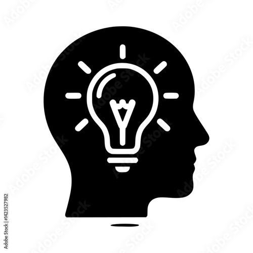 Black icon silhouette of a head with a glowing light bulb 