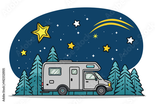 Create a cute, vector illustration of a campervan parked in a scenic campsite, featuring whimsical details and a vibrant color palette.  Include happy characters enjoying the outdoors.
