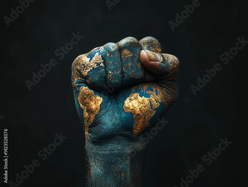 A clenched fist painted with a world map, symbolizing global unity, power, and labor rights on Labor Day.