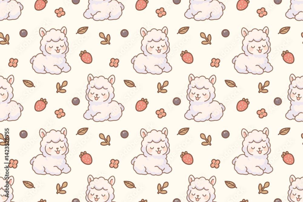 Cute alpaca seamless pattern with strawberries and leaves on cream background – kawaii animal illustration for kids and baby products Cute alpaca seamless pattern with strawberries and leaves on cream background – kawaii animal illustration for kids and baby products