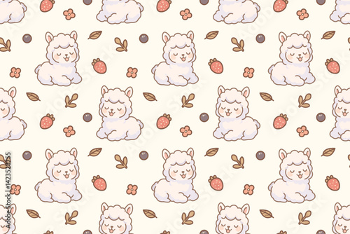 Cute alpaca seamless pattern with strawberries and leaves on cream background – kawaii animal illustration for kids and baby products