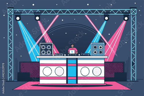 Vivid neon lights illuminate a pulsating electronic music scene, focusing on a DJ booth where a performer mixes beats.  Synthwave aesthetic.