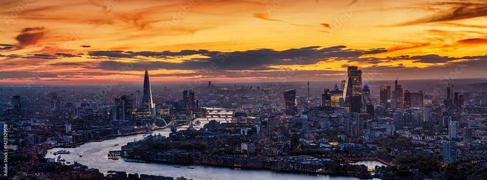 Beautiful, panoramic view of the 2025 London skyline just after sunset with city lights and colorful cloudscape