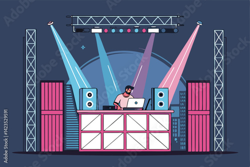 Vibrant neon-lit electronic music scene featuring a DJ booth, pulsating lights, and energetic crowd.  Capture the atmosphere of a rave or club.