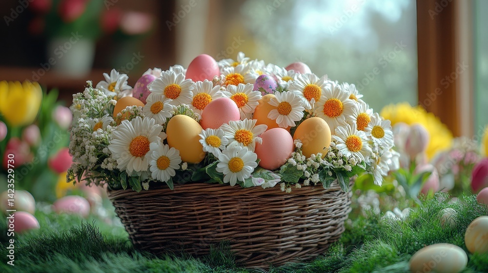 Obraz premium Colorful Easter eggs nestled amongst a spring floral arrangement.