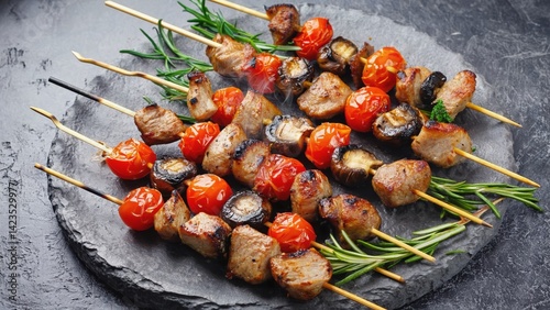 Skewers of grilled meat and vegetables, arranged on a black plate with slices of tomato, sprigs of rosemary and thyme garnishing. Shot against dark background for emphasis.