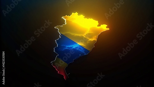 Silhouette of Ecuador Map with National Flag on Dark Background