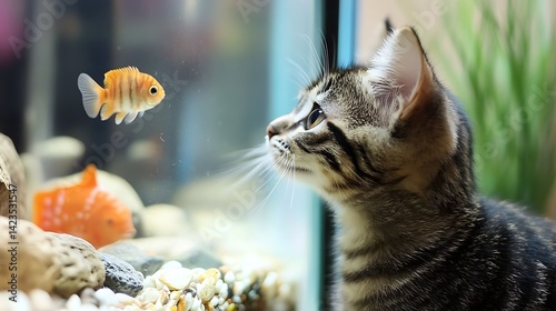 Kitten Watching Goldfish in Aquarium Curious Feline Observing Underwater World