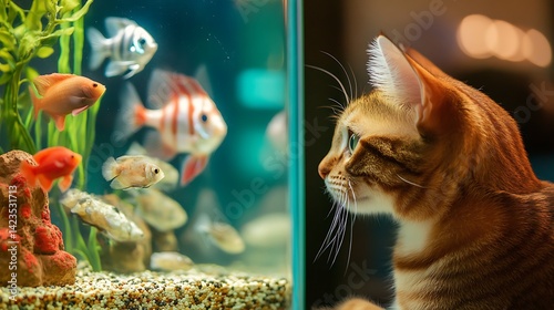 Cat Watching Fish in Aquarium Interesting Pet Concept with Pet Curiosity